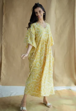 Ifrah Mustard Hand Block Print Slub Cotton Anti-Fit Kaftan