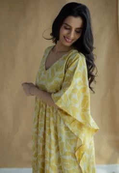 Ifrah Mustard Hand Block Print Slub Cotton Anti-Fit Kaftan