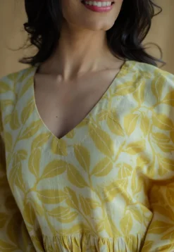 Ifrah Mustard Hand Block Print Slub Cotton Anti-Fit Kaftan