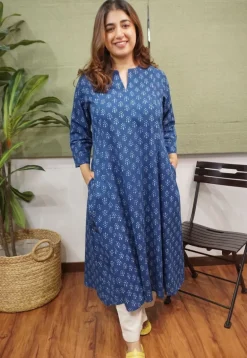 Indigo Dabu Cotton Kali Kurta