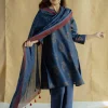 Indigo Floral Line Ajrakh Chanderi Silk Dupatta