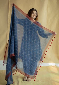 Indigo Floral Line Ajrakh Chanderi Silk Dupatta