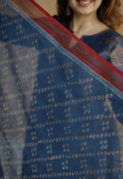 Indigo Floral Line Ajrakh Chanderi Silk Dupatta