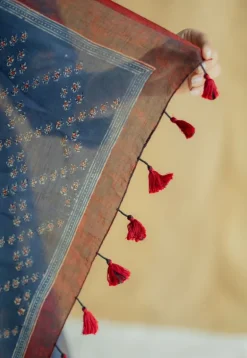 Indigo Floral Line Ajrakh Chanderi Silk Dupatta