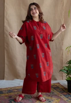 Irani Chai Red Ajrakh Cotton Straight Kurta