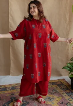 Irani Chai Red Ajrakh Cotton Straight Kurta
