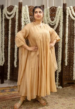 Iriya Beige Chanderi Silk A Line Hand Embroidered Kurta Set (Set of 3)