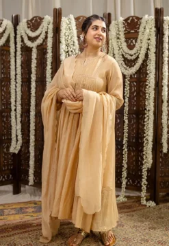 Iriya Beige Chanderi Silk A Line Hand Embroidered Kurta Set (Set of 3)