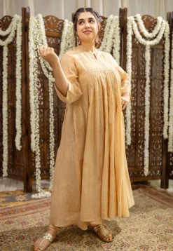 Iriya Beige Chanderi Silk A Line Hand Embroidered Kurta Set (Set of 3)