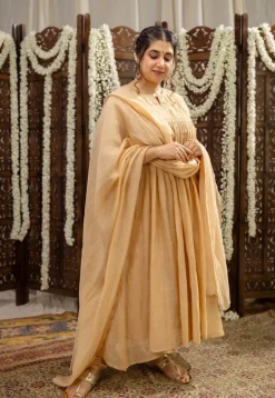 Iriya Beige Chanderi Silk A Line Hand Embroidered Kurta Set (Set of 3)