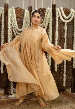 Iriya Beige Chanderi Silk A Line Hand Embroidered Kurta Set (Set of 3)