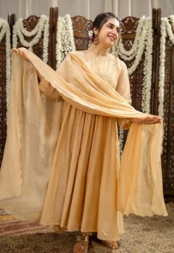 Iriya Beige Chanderi Silk A Line Hand Embroidered Kurta Set (Set of 3)