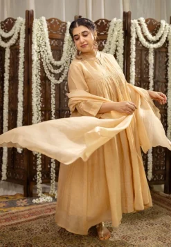 Iriya Beige Chanderi Silk A Line Hand Embroidered Kurta Set (Set of 3)