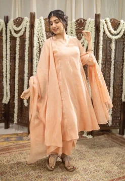 Ivurvi Peach Kali Chanderi Silk Gota Patti Kurta Set (Set of 3)