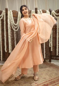 Ivurvi Peach Kali Chanderi Silk Gota Patti Kurta Set (Set of 3)
