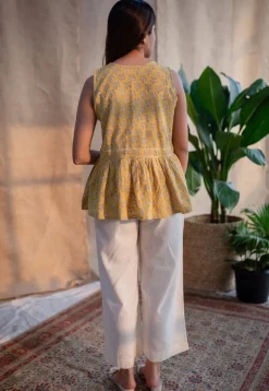 Jafia Yellow Dabu Slub Cotton Short Top