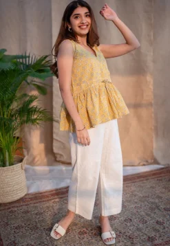 Jafia Yellow Dabu Slub Cotton Short Top