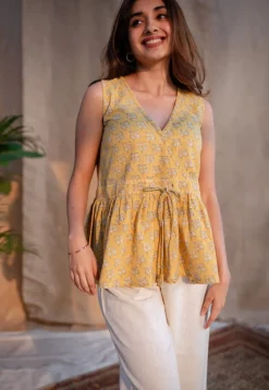 Jafia Yellow Dabu Slub Cotton Short Top