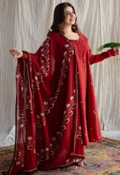 Jaipur Ajrakh Cotton Red Kali Kurta