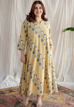 Jaipur Jharoka Ajrakh Cotton Hand Embroidered Kali Kurta