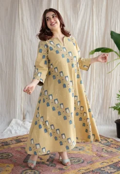 Jaipur Jharoka Ajrakh Cotton Hand Embroidered Kali Kurta