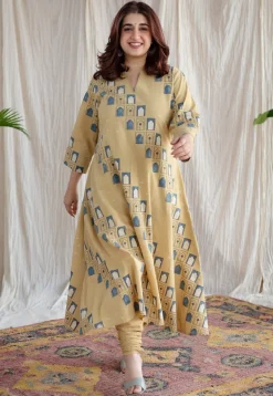 Jaipur Jharoka Ajrakh Cotton Hand Embroidered Kali Kurta