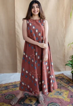 Jaipur Jharoka Brick Red Ajrakh Cotton A Line Dress