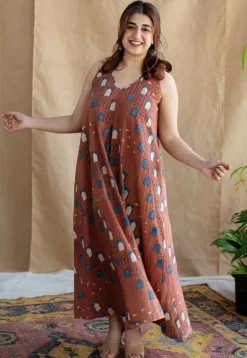 Jaipur Jharoka Brick Red Ajrakh Cotton A Line Dress