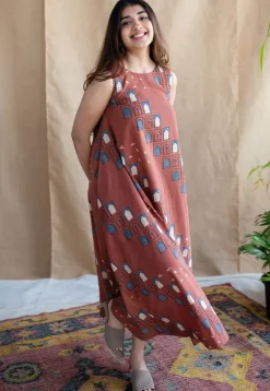 Jaipur Jharoka Brick Red Ajrakh Cotton A Line Dress