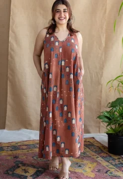 Jaipur Jharoka Brick Red Ajrakh Cotton A Line Dress