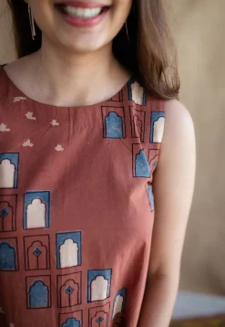 Jaipur Jharoka Brick Red Ajrakh Cotton A Line Dress