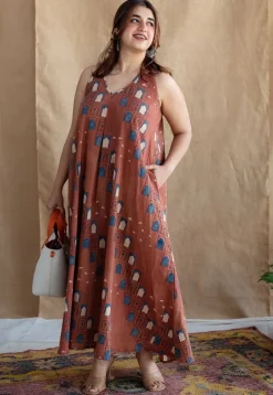 Jaipur Jharoka Brick Red Ajrakh Cotton A Line Dress