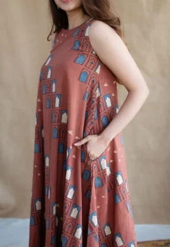 Jaipur Jharoka Brick Red Ajrakh Cotton A Line Dress