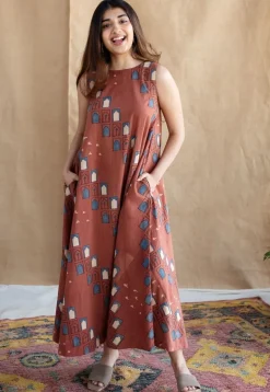Jaipur Jharoka Brick Red Ajrakh Cotton A Line Dress