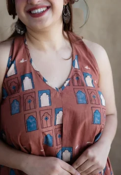 Jaipur Jharoka Brick Red Ajrakh Cotton A Line Dress