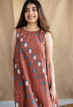 Jaipur Jharoka Brick Red Ajrakh Cotton A Line Dress