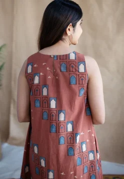 Jaipur Jharoka Brick Red Ajrakh Cotton A Line Dress