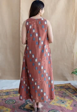 Jaipur Jharoka Brick Red Ajrakh Cotton A Line Dress