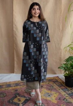 Jaipur Jharoka Charcoal Ajrakh Cotton A Line Kurta with Hand Embroidery
