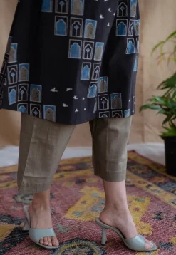 Jaipur Jharoka Charcoal Ajrakh Cotton A Line Kurta with Hand Embroidery