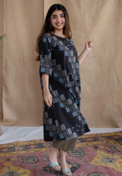 Jaipur Jharoka Charcoal Ajrakh Cotton A Line Kurta with Hand Embroidery