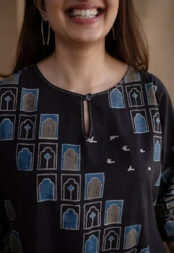 Jaipur Jharoka Charcoal Ajrakh Cotton A Line Kurta with Hand Embroidery