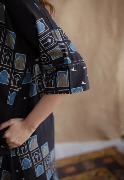 Jaipur Jharoka Charcoal Ajrakh Cotton A Line Kurta with Hand Embroidery