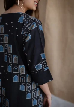 Jaipur Jharoka Charcoal Ajrakh Cotton A Line Kurta with Hand Embroidery