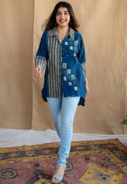 Jaipur Jharoka Indigo Ajrakh Cotton Loose Shirt with Hand Embroidery