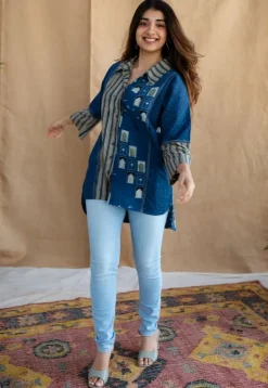Jaipur Jharoka Indigo Ajrakh Cotton Loose Shirt with Hand Embroidery