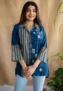 Jaipur Jharoka Indigo Ajrakh Cotton Loose Shirt with Hand Embroidery