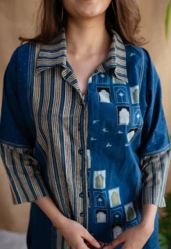 Jaipur Jharoka Indigo Ajrakh Cotton Loose Shirt with Hand Embroidery