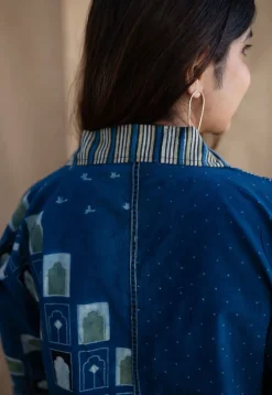 Jaipur Jharoka Indigo Ajrakh Cotton Loose Shirt with Hand Embroidery