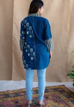 Jaipur Jharoka Indigo Ajrakh Cotton Loose Shirt with Hand Embroidery